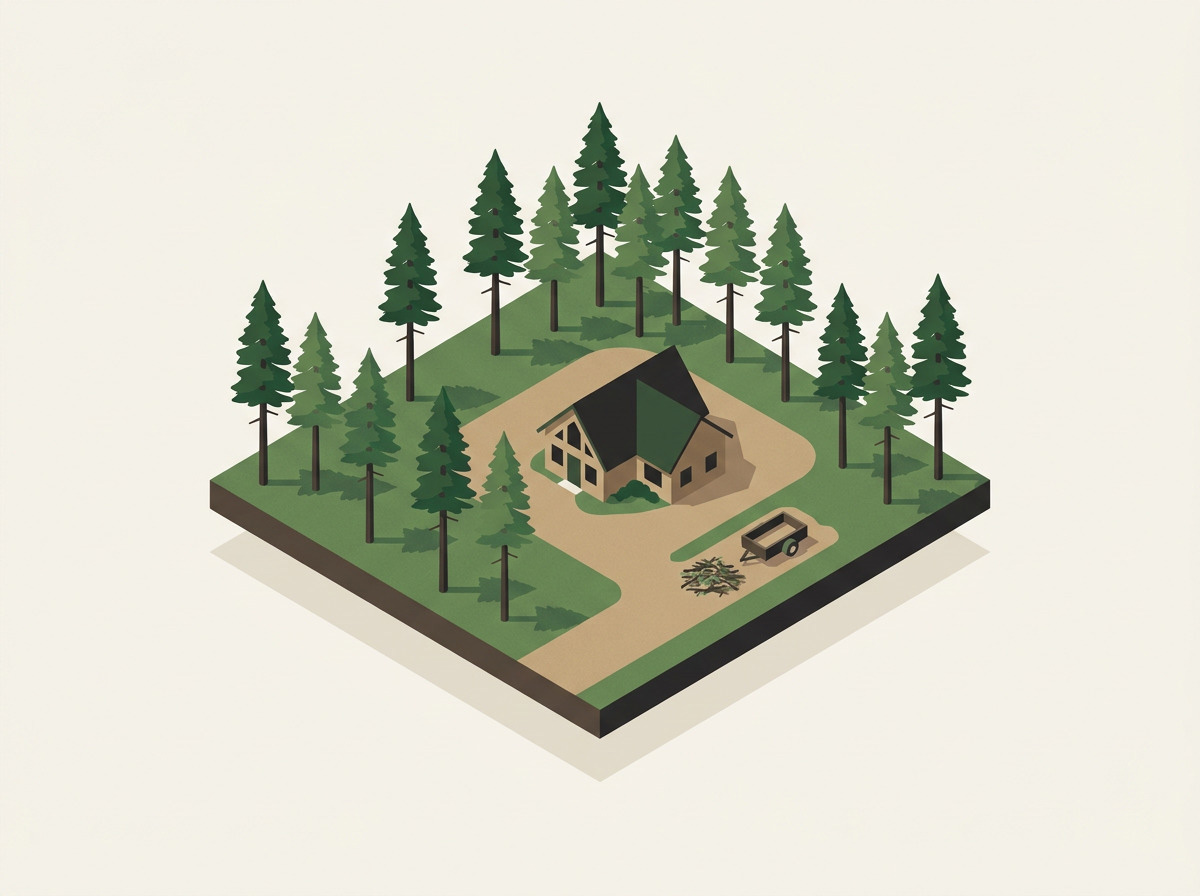 Illustration of a rural property with defensible space, showing a home surrounded by cleared ground, thinned and limbed ponderosa pines, and a slash pile ready for hauling.