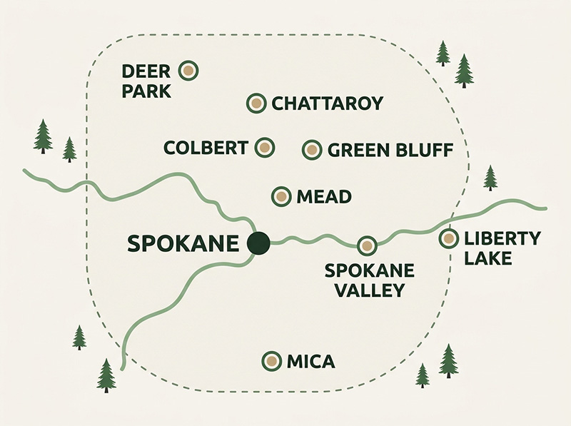Service area map showing North Pine Lawn & Land fire mitigation coverage across Spokane, Spokane Valley, Liberty Lake, Mead, Colbert, Green Bluff, Chattaroy, Deer Park, and Mica in Eastern Washington.