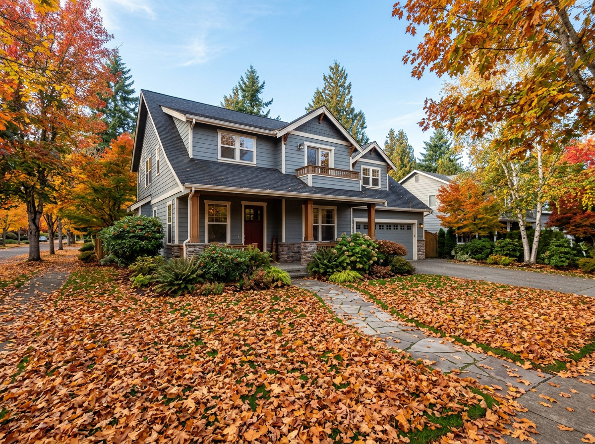 Lawn covered in a thick layer of fallen autumn leaves before fall cleanup.