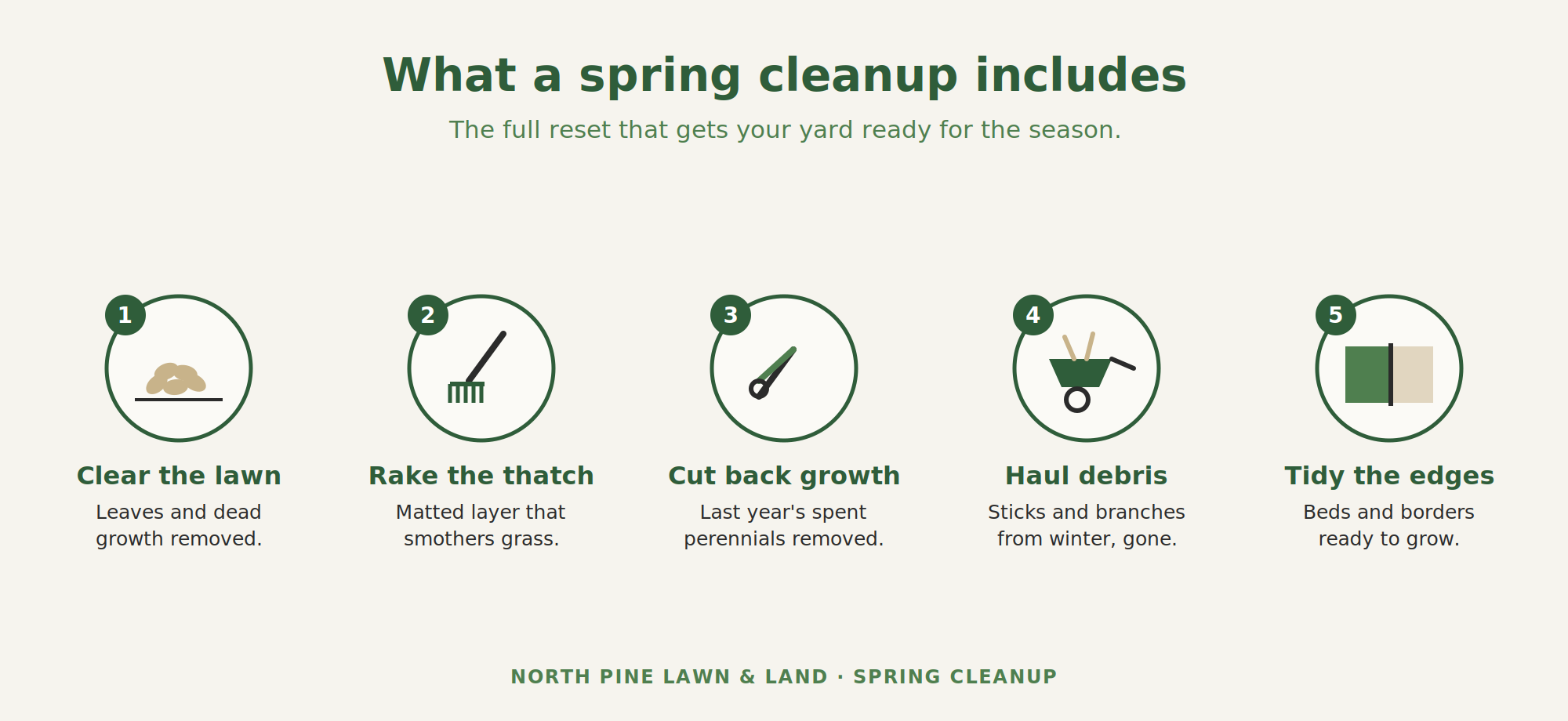What a spring cleanup includes — clearing the lawn, raking thatch, cutting back growth, hauling debris, and tidying the edges.